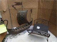 WROUGHT IRON SHIP, WOOD REST FIREPLACE