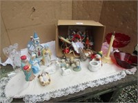 RED BOWLS, BOX OF CHRISTMAS ITEMS, FIGURINES, PIGS