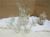 HAND PAINTED PITCHER W/ 5 GLASSES, SEA SHELLS