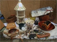 WOOD BIRD CAGE, BASKETS, DECORATIONS, AMBER PITCHR