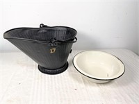 antique coal bucket & enameled pan