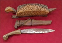 Folk art turtle box, handmade knife & case