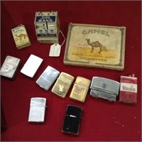 Vintage lighters & box (1 Zippo), tin litho bank