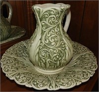 Green ceramic decorated wash bowl and pitcher