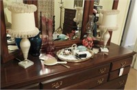 Contents of dresser top: Pair of diamond quilted