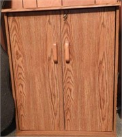 Contemporary two door storage cabinet full of