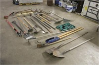 Assorted Yard Tools Including Shovels, Hoes, Rake