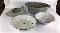 Antique Enamel Bowls/Wash Tub & Bed Pan