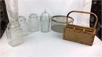 4 Glass Storage Containers & 2 Decorative Baskets