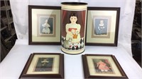 6 Framed Child Portraits and Trash Bin