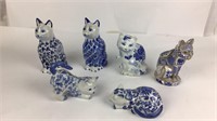 6 Blue & White Porcelain Cat Statues