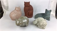 3 Ceramic & 2 Resin Cat Statues