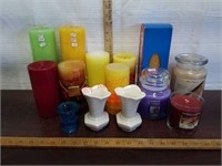 Lot of new & used candles, vintage USA pottery