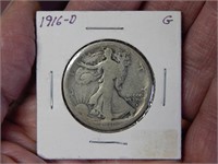 1916 D Walking Liberty 90% Silver Half Dollar RARE