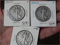 1918 D,  1918 S. 1919 90% Silver Half Dollars RARE