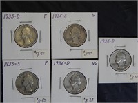 1935 S (x2) 1935 D, 1936 D (x2) SIlver Quarters