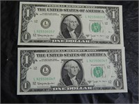 2 Consecutive Serial Number 1963 $1 bills #1