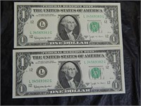 2 Consecutive Serial Number 1963 $1 bills #2