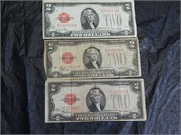 3 Red Seal 1928 $2 Dollar Bills