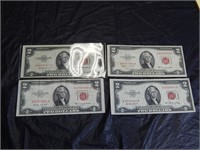 4 Red Seal 1953 $2 Dollar Bills