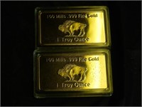 2 One Ounce 100 mill Gold Plated ingots