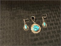 Turquoise sterling silver set earrings / pendant