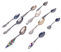 Lot of Ten Vintage Sterling Silver Souvenir Spoons