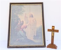 Old Lithograph Framed Religious Art & Cross