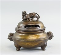 Chinese Bronze Tiger Tripod Censer with Xuande MK