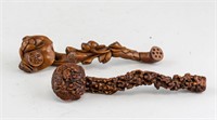 Chinese Wood Carved Ruyi Lotus and Lohan Scepters