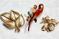 BSK Parrot, Bee & Leaf Brooches