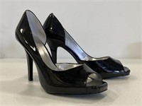 New black patent leather peep-toe pumps