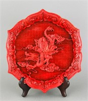 Cinnabar Lacquer Carved Man With Dragon Tray
