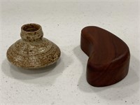 Small handmade wood boomerang box & pottery vase