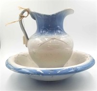 1800's Large Blue and White Wash Basin & Pitcher