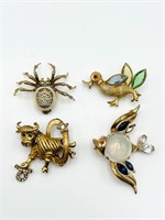 Spider, Duck, Bull and Fish Brooches. BSK Duck,