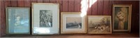 5 gold antique frames with prints