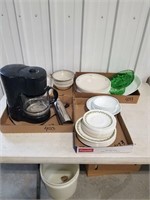 Corelle dishes, corningware, coffee maker