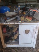 Primitive cabinet and tools lot.