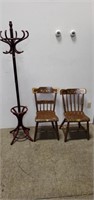 2 Plank Bottom Chairs and Coat Rack