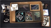 Box lot of Jewelry, Necklaces, Pins, Earrings