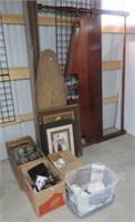 Antique ironing board, prints and pictures,