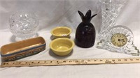 Pottery Bowls, Crystal Vases and Clock, Wood