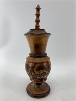 Hand carved lidded wood urn about 13.5" tall with