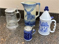 Etched Glass, Ceramic Steins, Lidded Steins