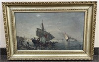 Oil painting  Framed art: fishing boats/ seaside