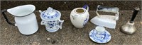 Collectible Ceramic Décor: Sad Iron, Bell, Tea Pot