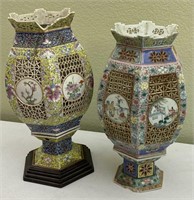2pc Ceramic Asian Themed Vase Lamps