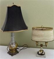 2pc Table Lamps: Handpainted Porcelain, Stone Base