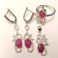 $600 Silver Rhodium Plated Ruby(6.4ct) Set